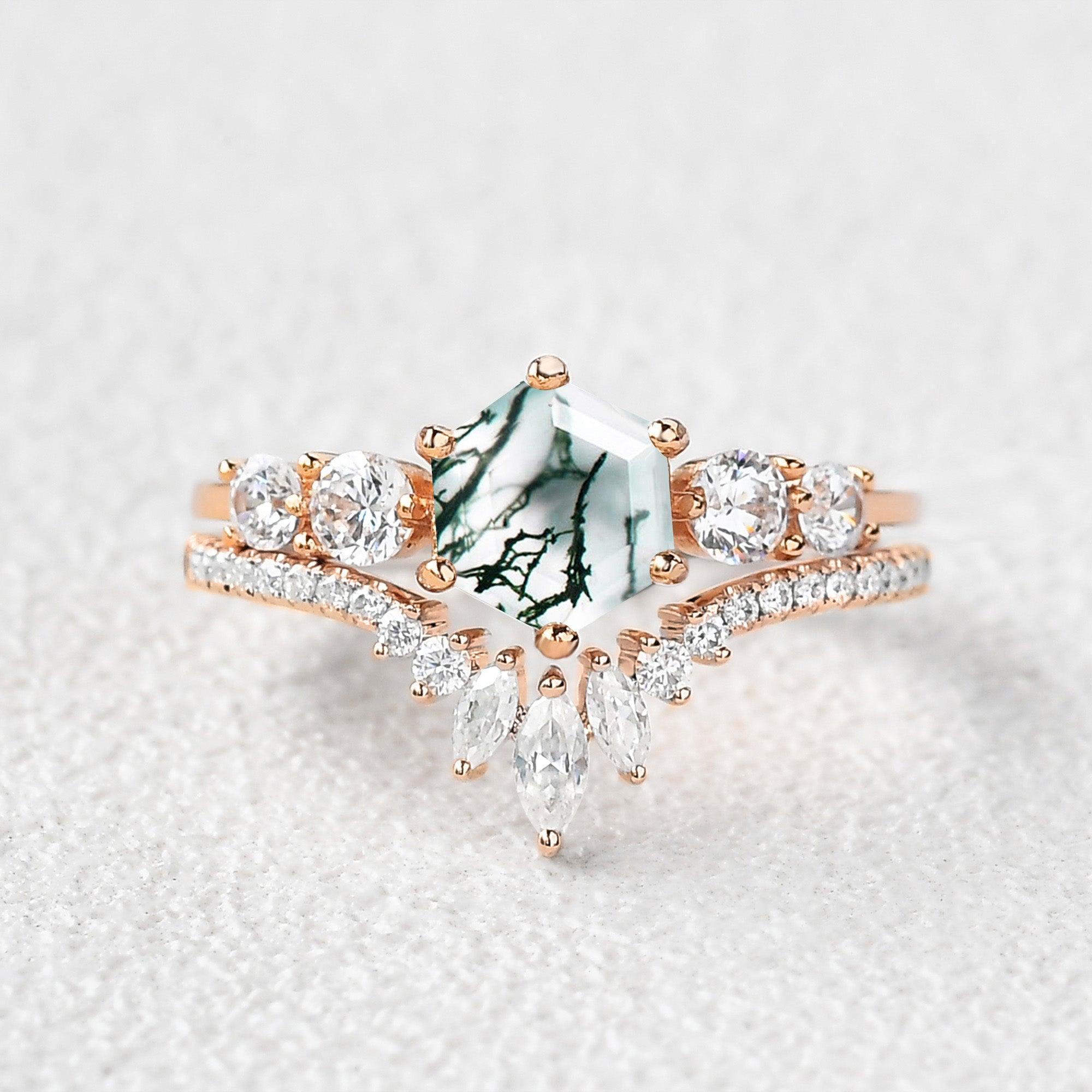Round Staccato Hexagon Moss Agate Engagement Ring Set 2pcs - Felicegals 丨Wedding ring 丨Fashion ring 丨Diamond ring 丨Gemstone ring