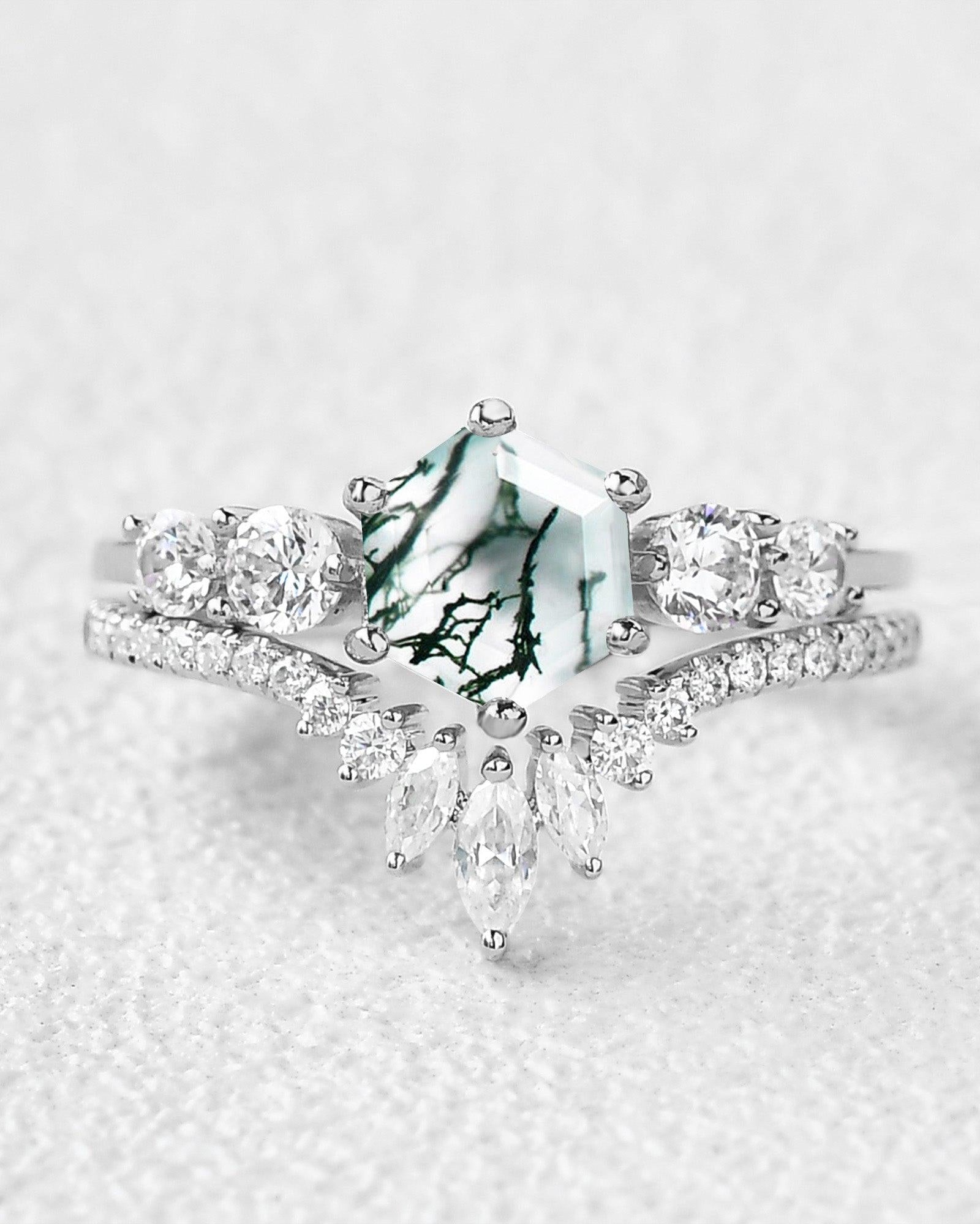 Round Staccato Hexagon Moss Agate Engagement Ring Set 2pcs - Felicegals 丨Wedding ring 丨Fashion ring 丨Diamond ring 丨Gemstone ring