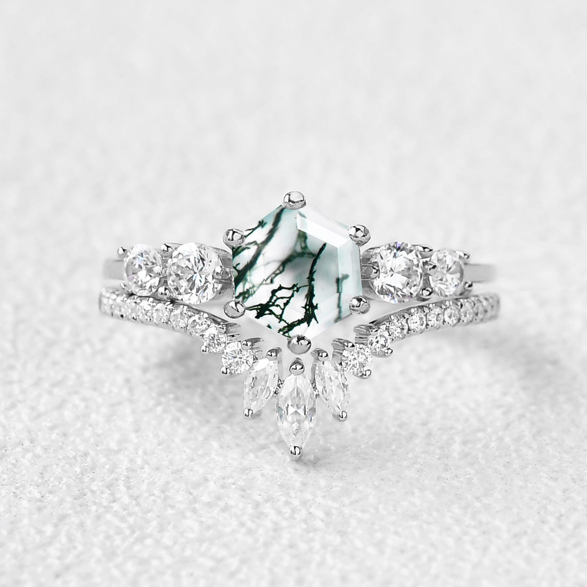 Round Staccato Hexagon Moss Agate Engagement Ring Set 2pcs - Felicegals 丨Wedding ring 丨Fashion ring 丨Diamond ring 丨Gemstone ring