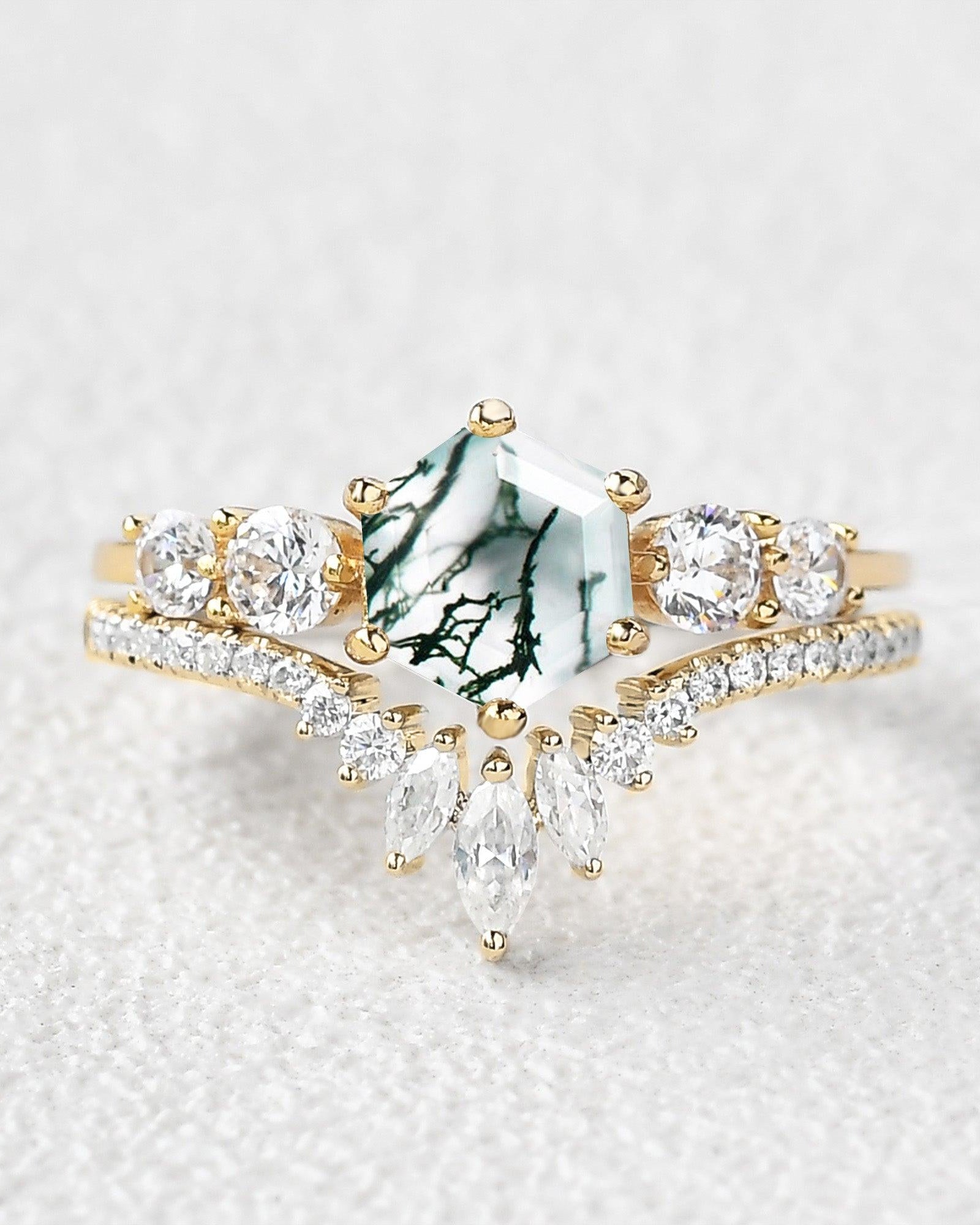 Round Staccato Hexagon Moss Agate Engagement Ring Set 2pcs - Felicegals 丨Wedding ring 丨Fashion ring 丨Diamond ring 丨Gemstone ring