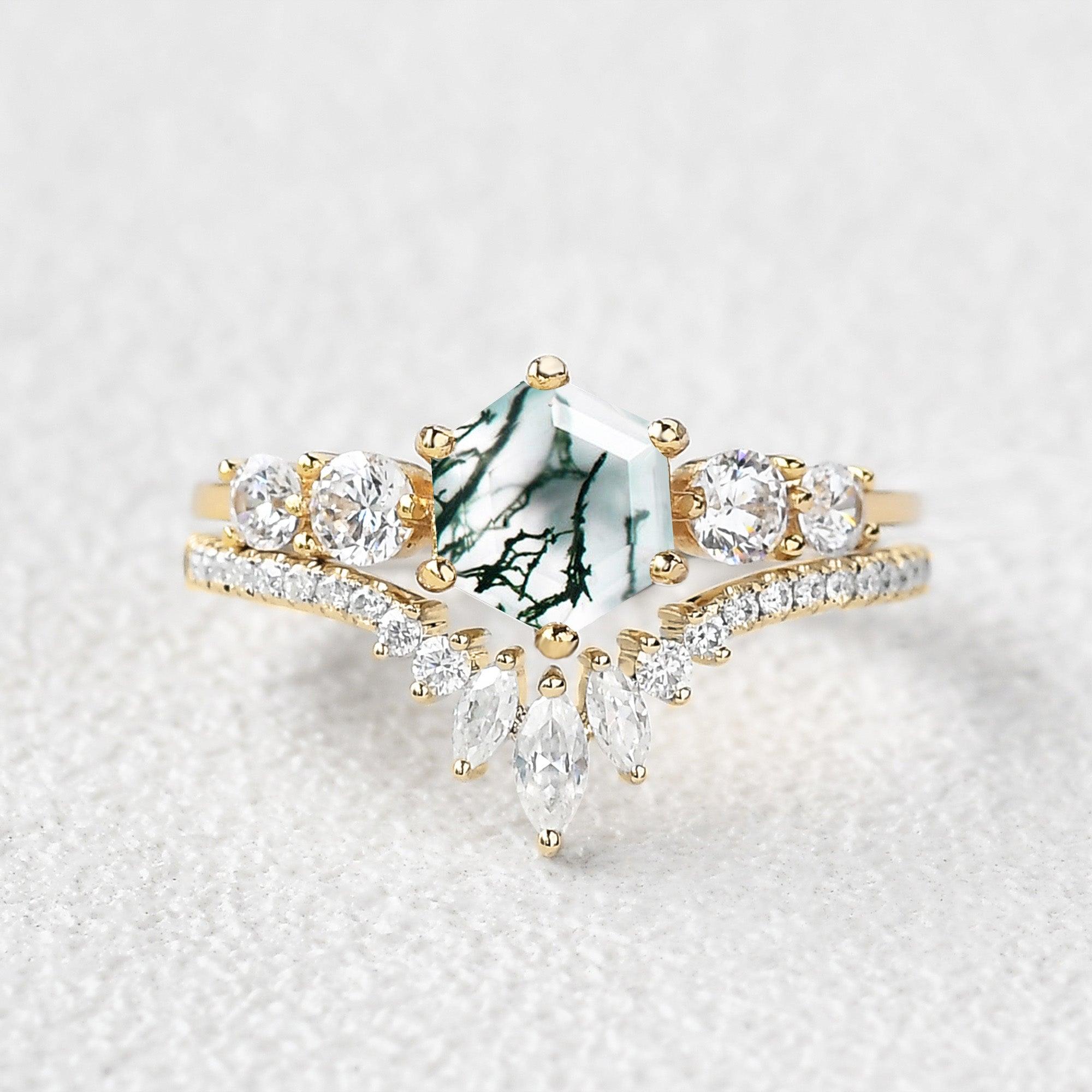 Round Staccato Hexagon Moss Agate Engagement Ring Set 2pcs - Felicegals 丨Wedding ring 丨Fashion ring 丨Diamond ring 丨Gemstone ring