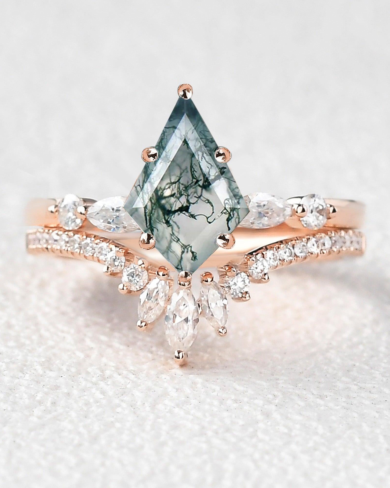 Kite Cut Staccato Moss Agate Engagement Ring Set 2pcs - Felicegals 丨Wedding ring 丨Fashion ring 丨Diamond ring 丨Gemstone ring