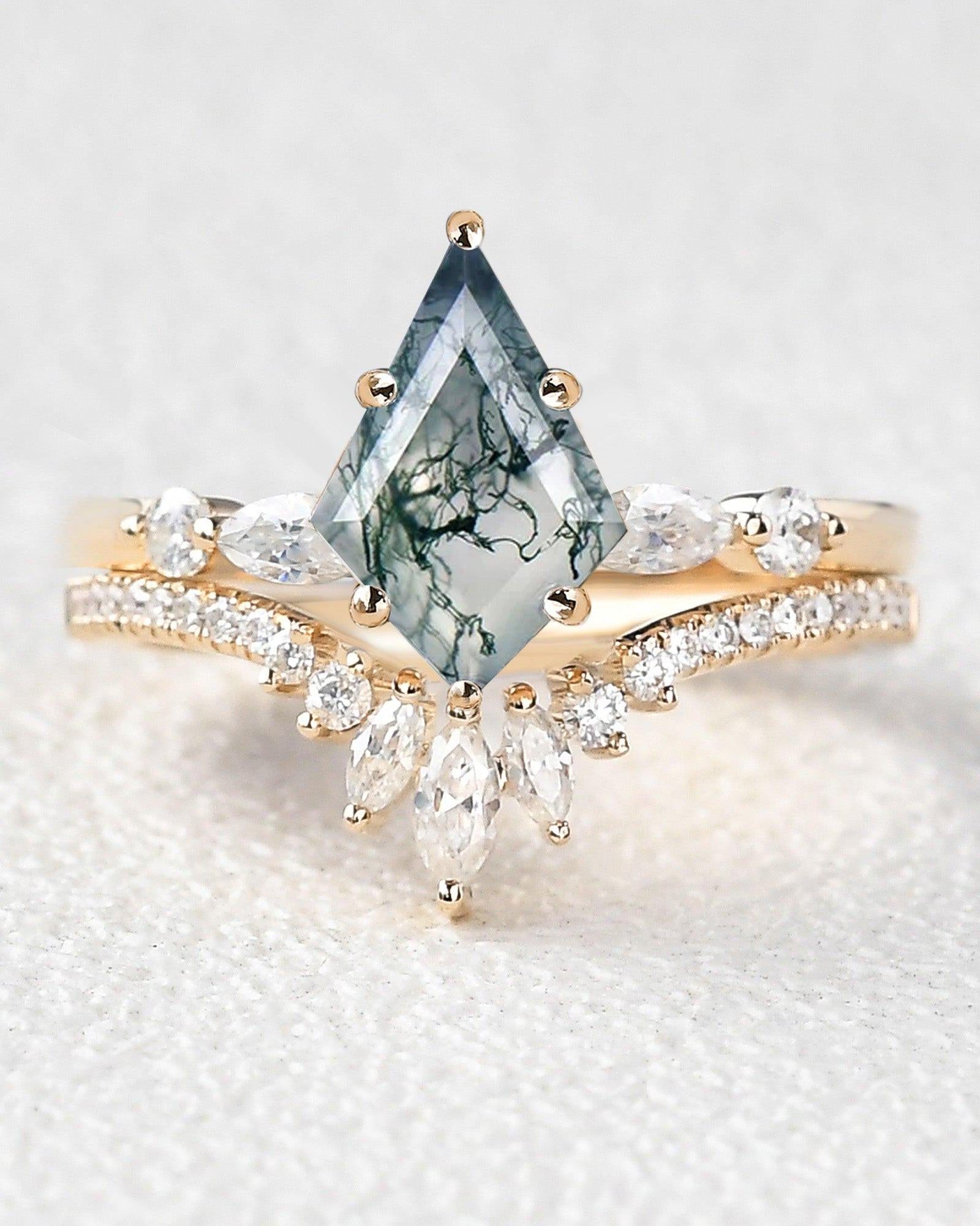 Kite Cut Staccato Moss Agate Engagement Ring Set 2pcs - Felicegals 丨Wedding ring 丨Fashion ring 丨Diamond ring 丨Gemstone ring