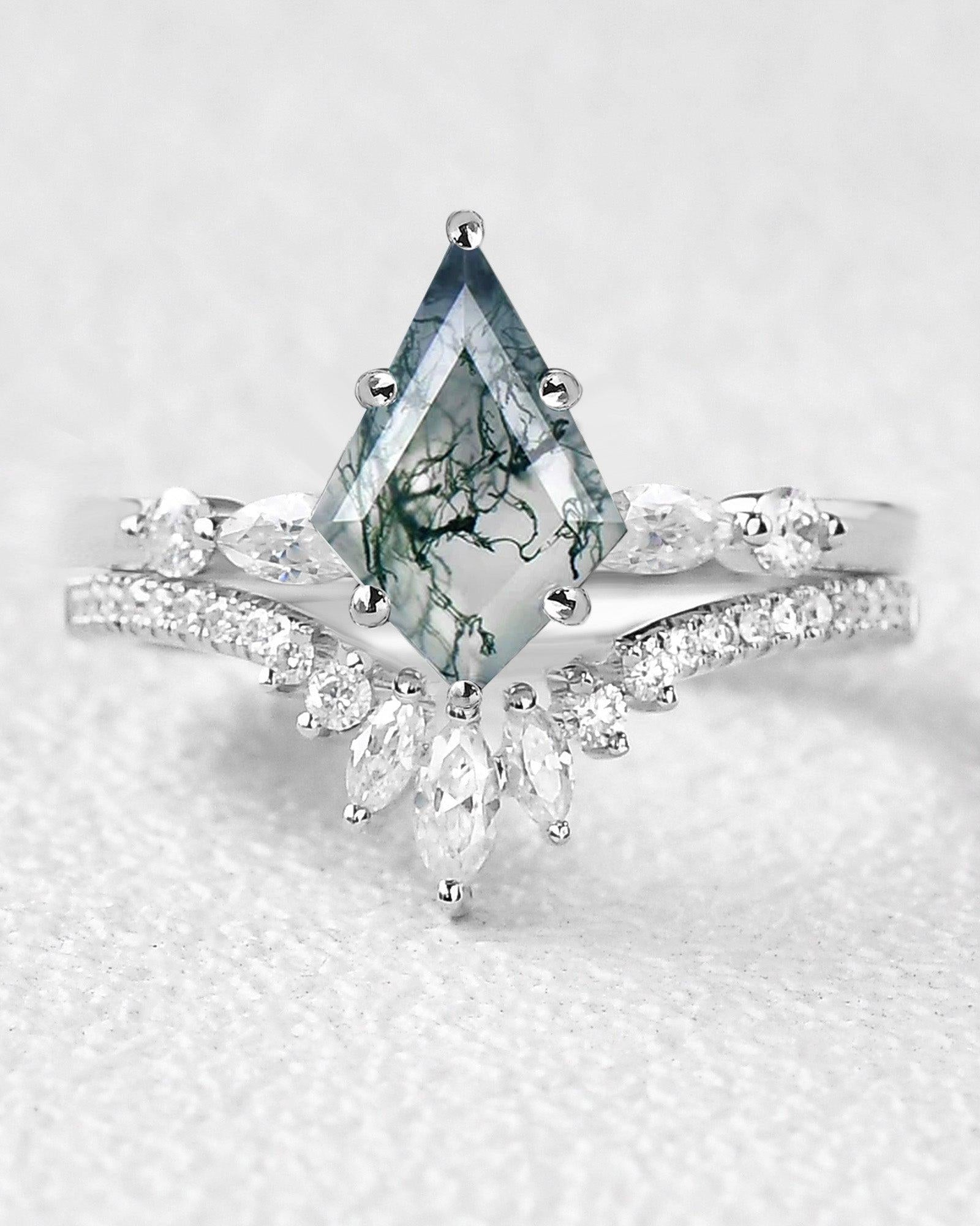 Kite Cut Staccato Moss Agate Engagement Ring Set 2pcs - Felicegals 丨Wedding ring 丨Fashion ring 丨Diamond ring 丨Gemstone ring