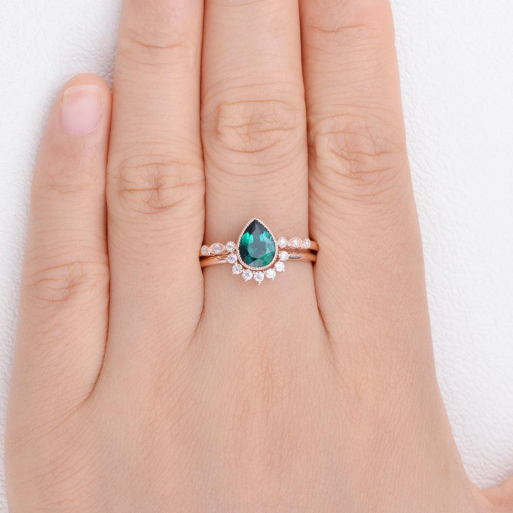 Pear Shaped Emerald Set 2pcs Rose Gold Ring - Felicegals
