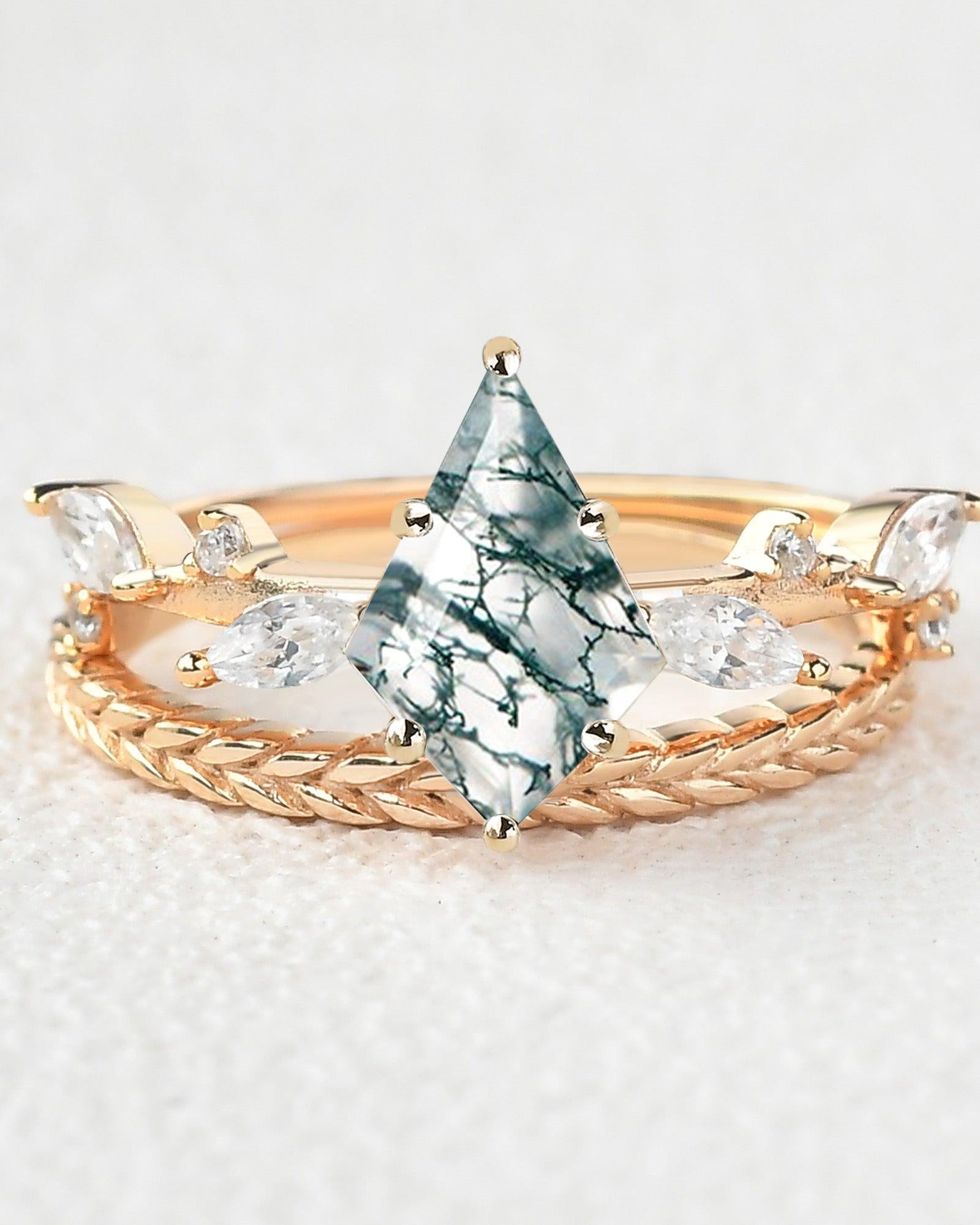 Kite Cut Moss Agate Leafy Vintage Engagement Ring Set 2pcs - Felicegals 丨Wedding ring 丨Fashion ring 丨Diamond ring 丨Gemstone ring