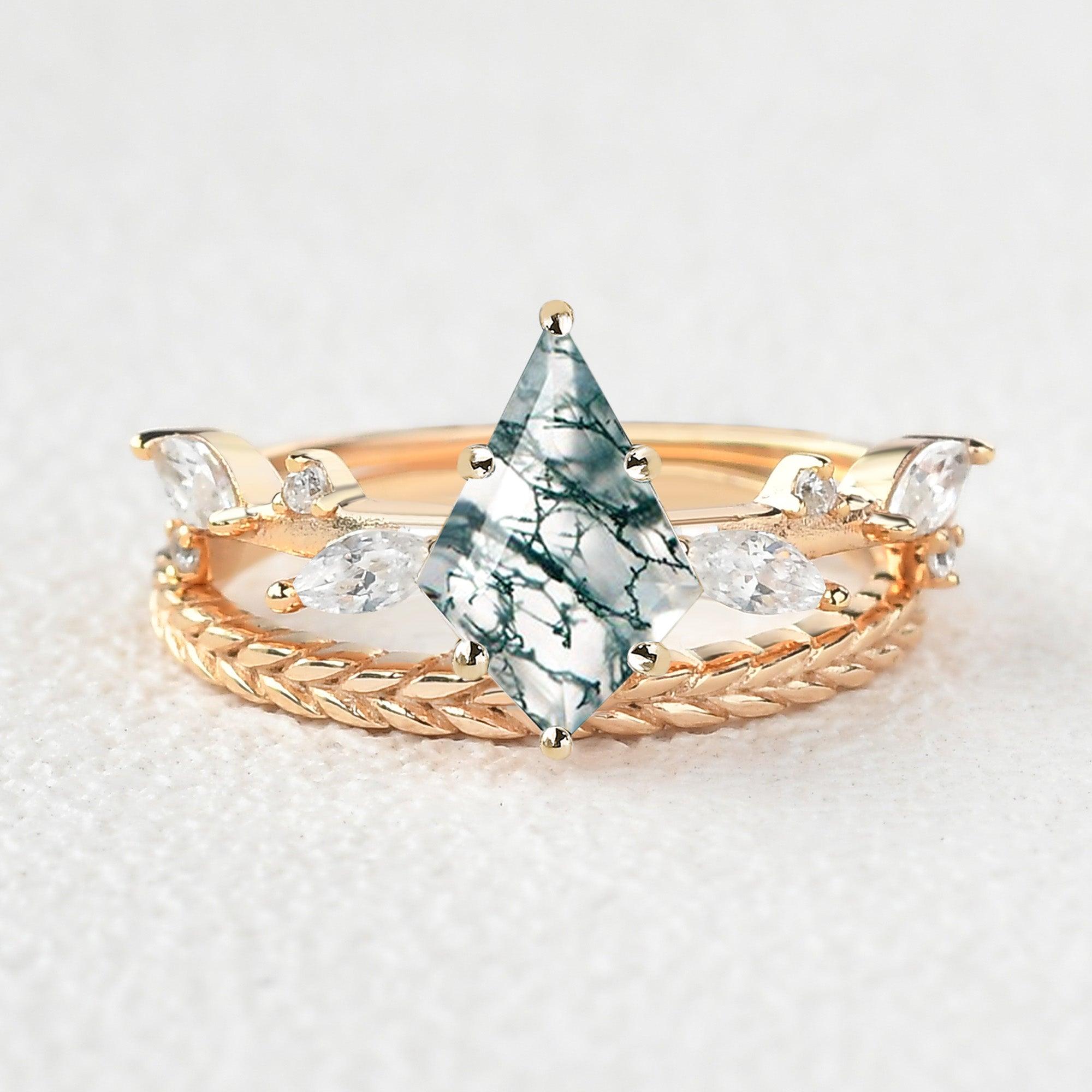 Kite Cut Moss Agate Leafy Vintage Engagement Ring Set 2pcs - Felicegals 丨Wedding ring 丨Fashion ring 丨Diamond ring 丨Gemstone ring