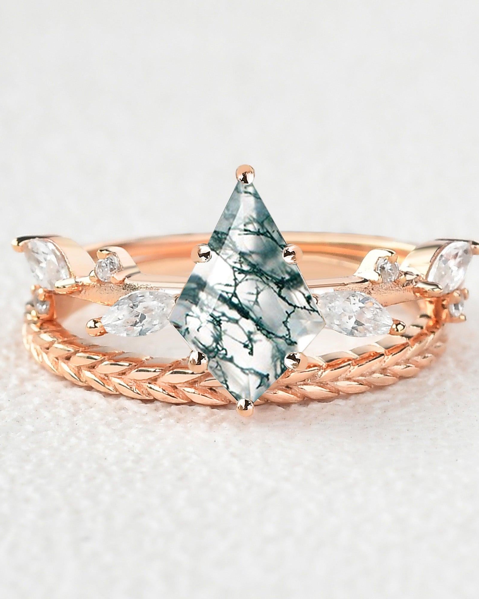 Kite Cut Moss Agate Leafy Vintage Engagement Ring Set 2pcs - Felicegals 丨Wedding ring 丨Fashion ring 丨Diamond ring 丨Gemstone ring