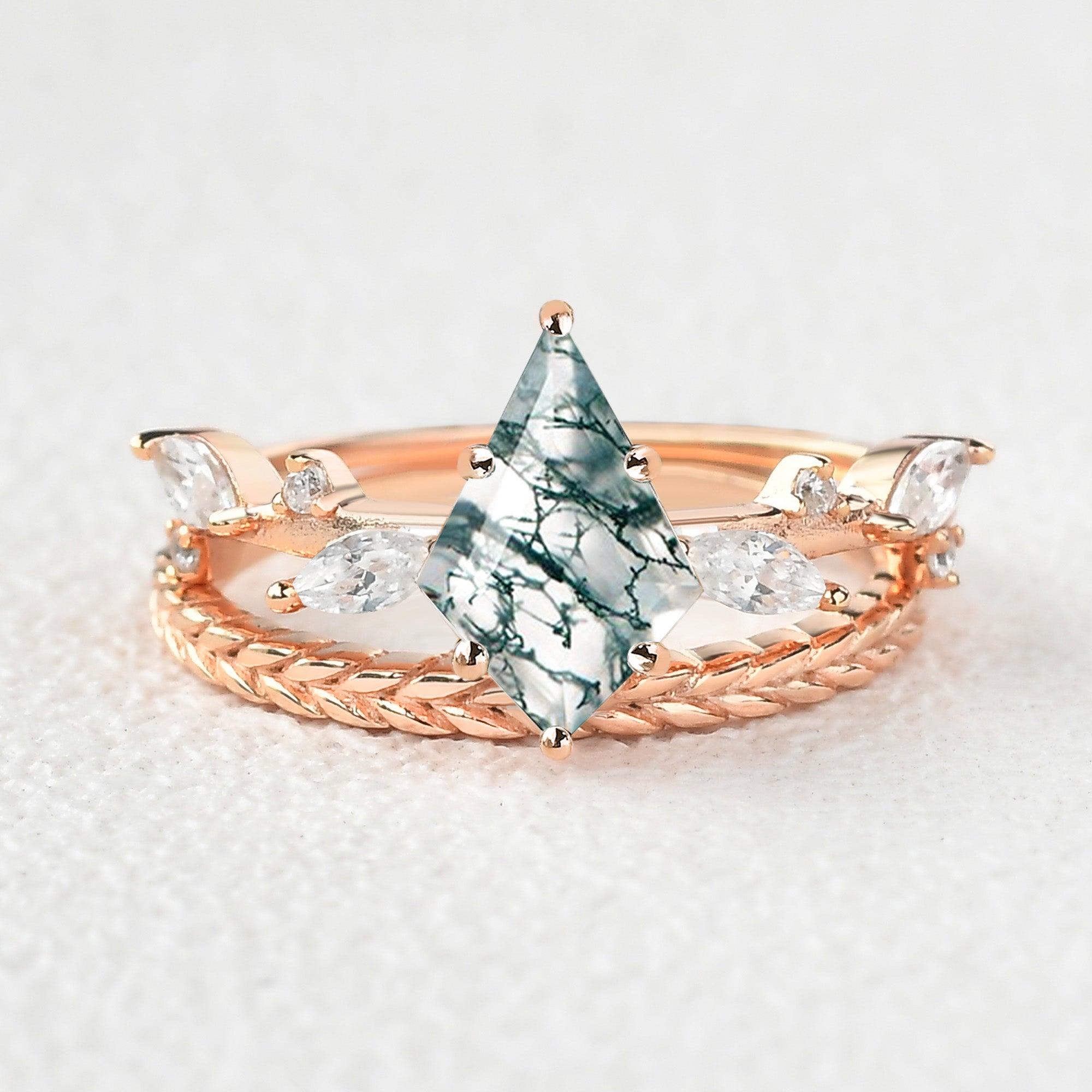 Kite Cut Moss Agate Leafy Vintage Engagement Ring Set 2pcs - Felicegals 丨Wedding ring 丨Fashion ring 丨Diamond ring 丨Gemstone ring