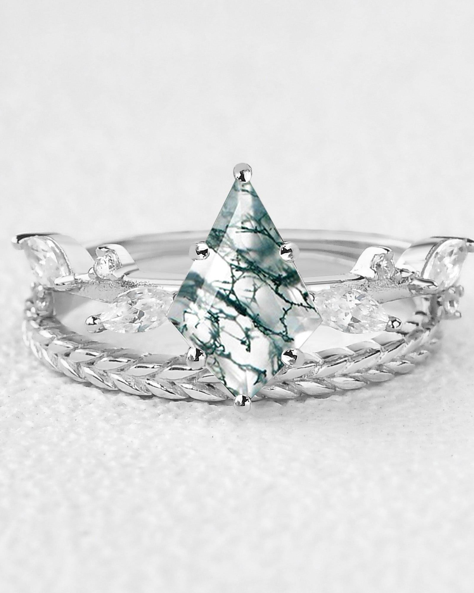 Kite Cut Moss Agate Leafy Vintage Engagement Ring Set 2pcs - Felicegals 丨Wedding ring 丨Fashion ring 丨Diamond ring 丨Gemstone ring
