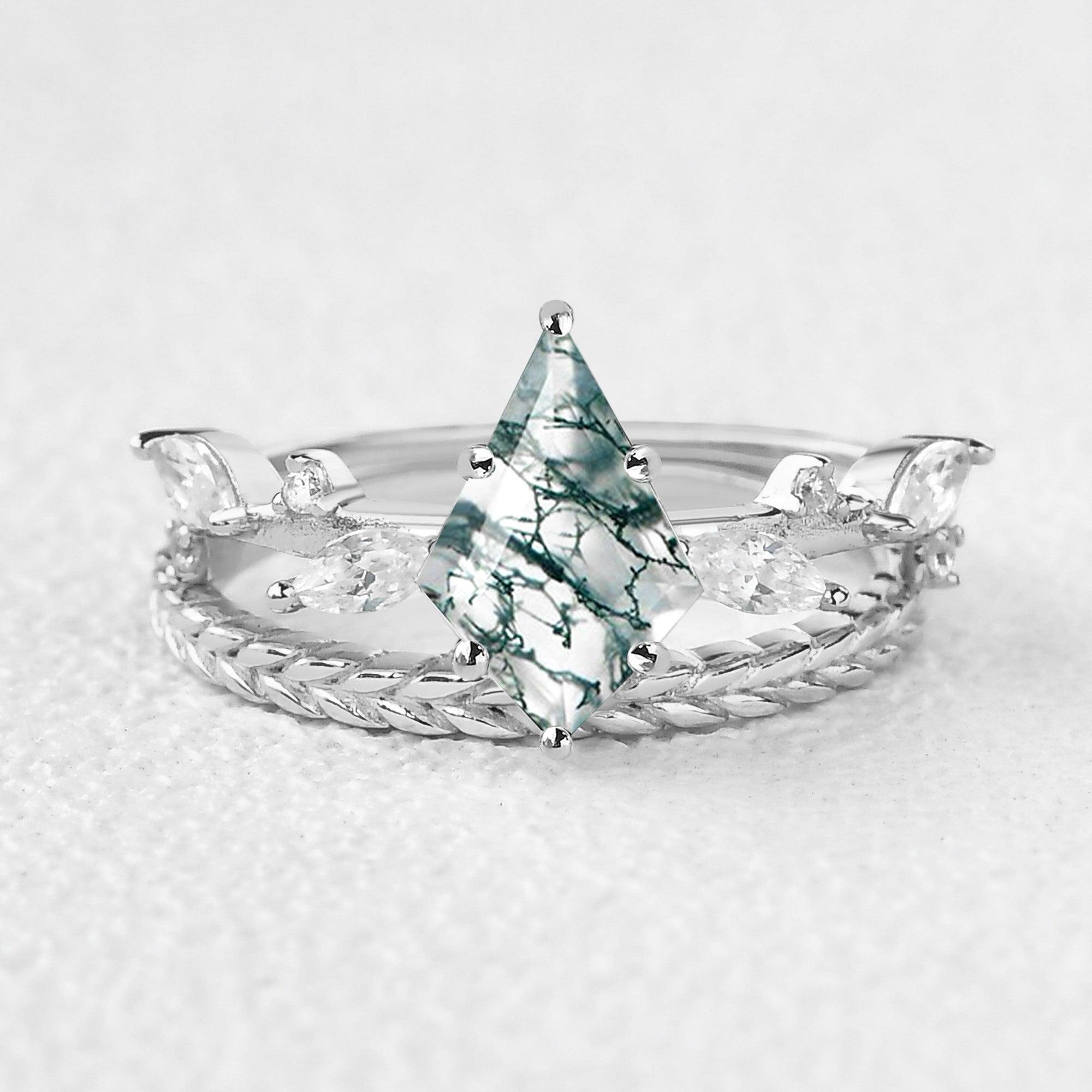 Kite Cut Moss Agate Leafy Vintage Engagement Ring Set 2pcs - Felicegals 丨Wedding ring 丨Fashion ring 丨Diamond ring 丨Gemstone ring