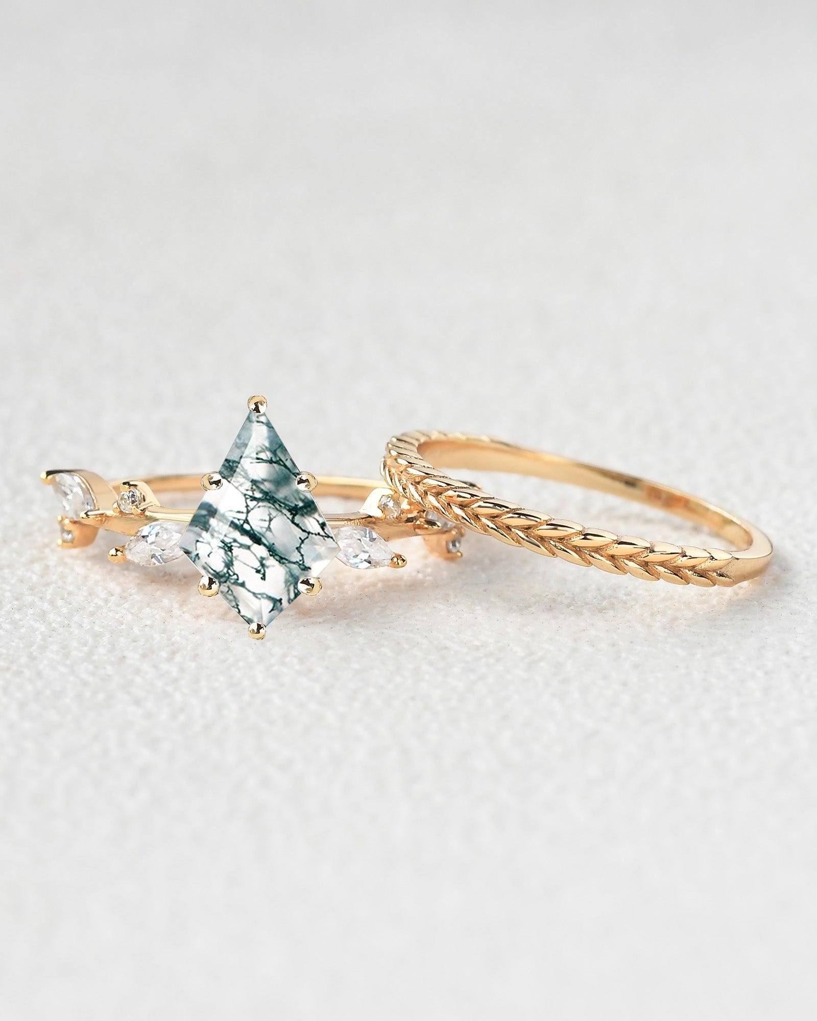 Kite Cut Moss Agate Leafy Vintage Engagement Ring Set 2pcs - Felicegals 丨Wedding ring 丨Fashion ring 丨Diamond ring 丨Gemstone ring