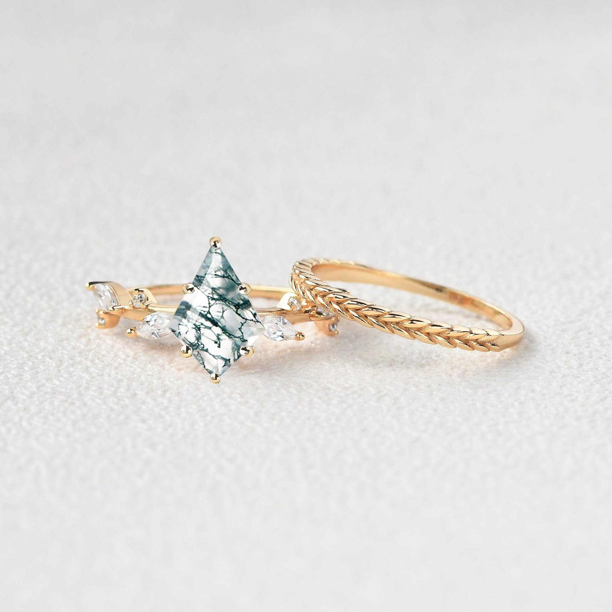 Kite Cut Moss Agate Leafy Vintage Engagement Ring Set 2pcs - Felicegals 丨Wedding ring 丨Fashion ring 丨Diamond ring 丨Gemstone ring