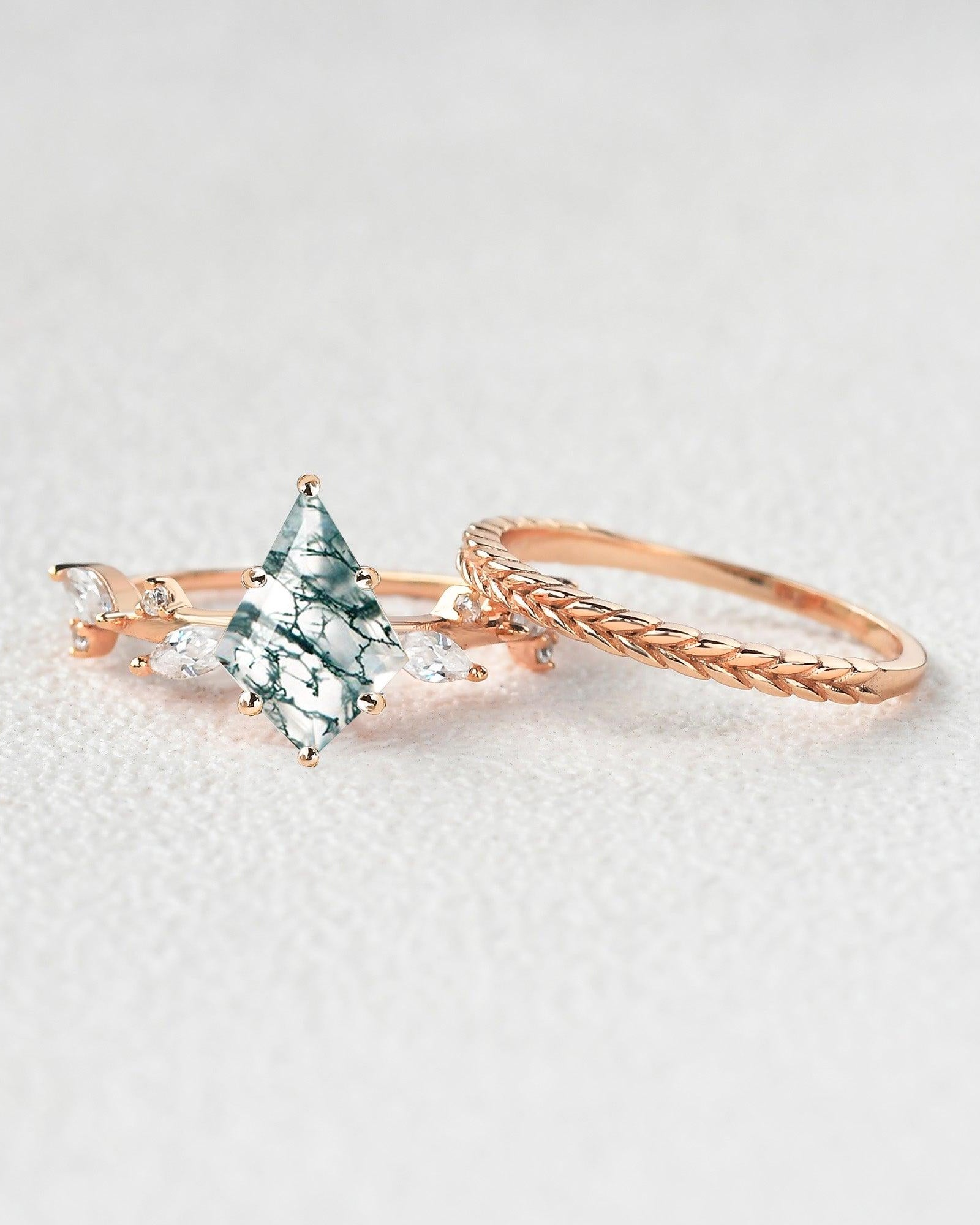 Kite Cut Moss Agate Leafy Vintage Engagement Ring Set 2pcs - Felicegals 丨Wedding ring 丨Fashion ring 丨Diamond ring 丨Gemstone ring