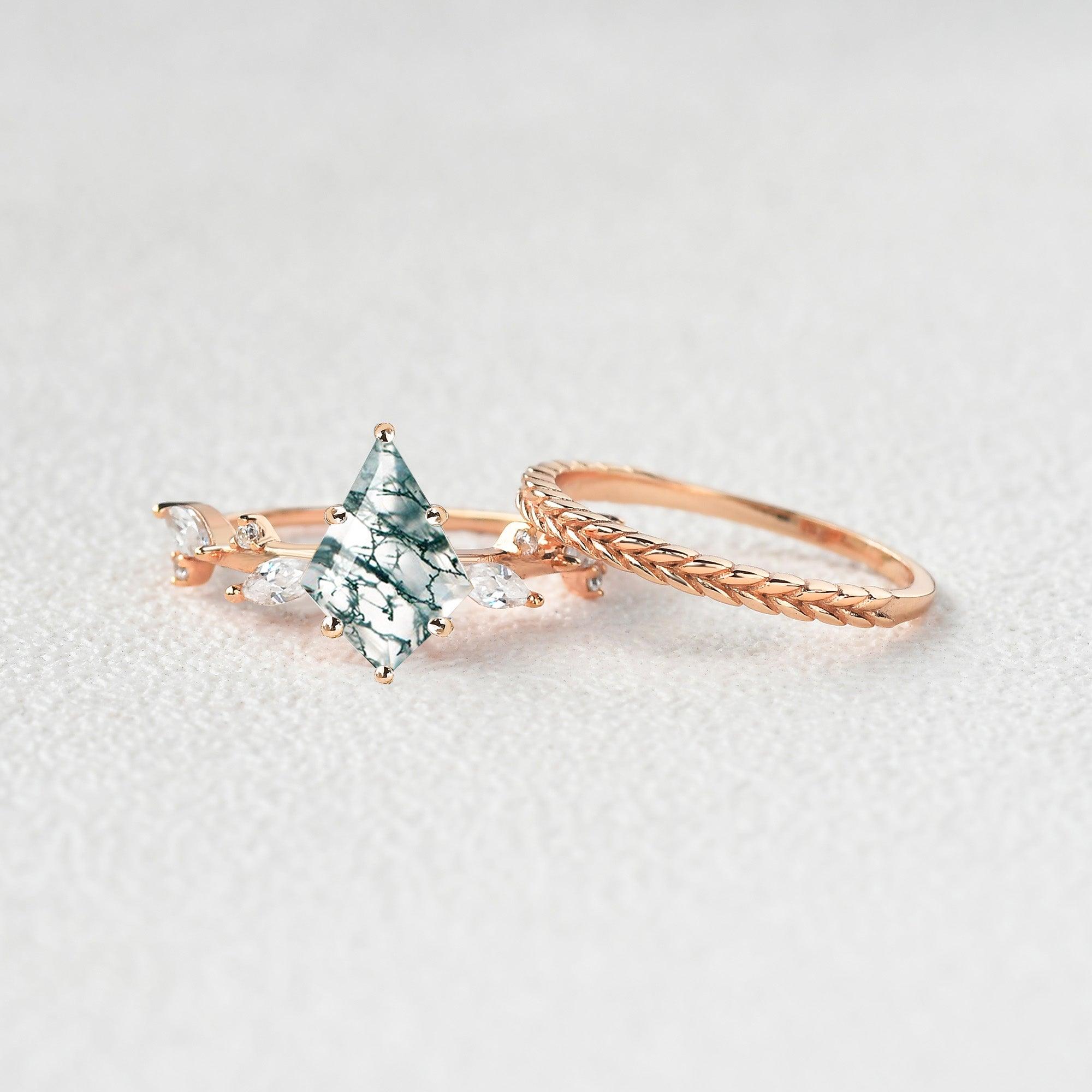 Kite Cut Moss Agate Leafy Vintage Engagement Ring Set 2pcs - Felicegals 丨Wedding ring 丨Fashion ring 丨Diamond ring 丨Gemstone ring