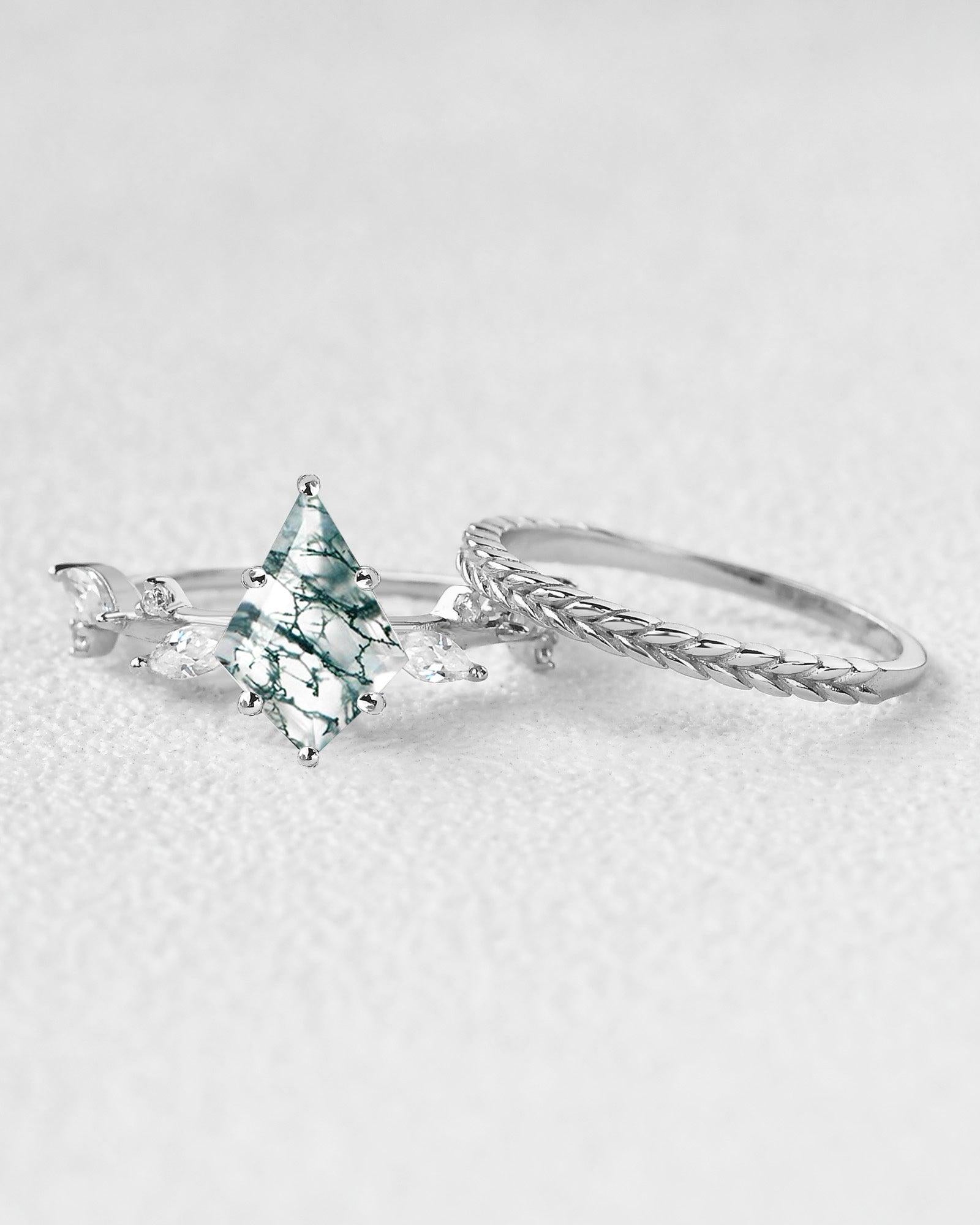 Kite Cut Moss Agate Leafy Vintage Engagement Ring Set 2pcs - Felicegals 丨Wedding ring 丨Fashion ring 丨Diamond ring 丨Gemstone ring