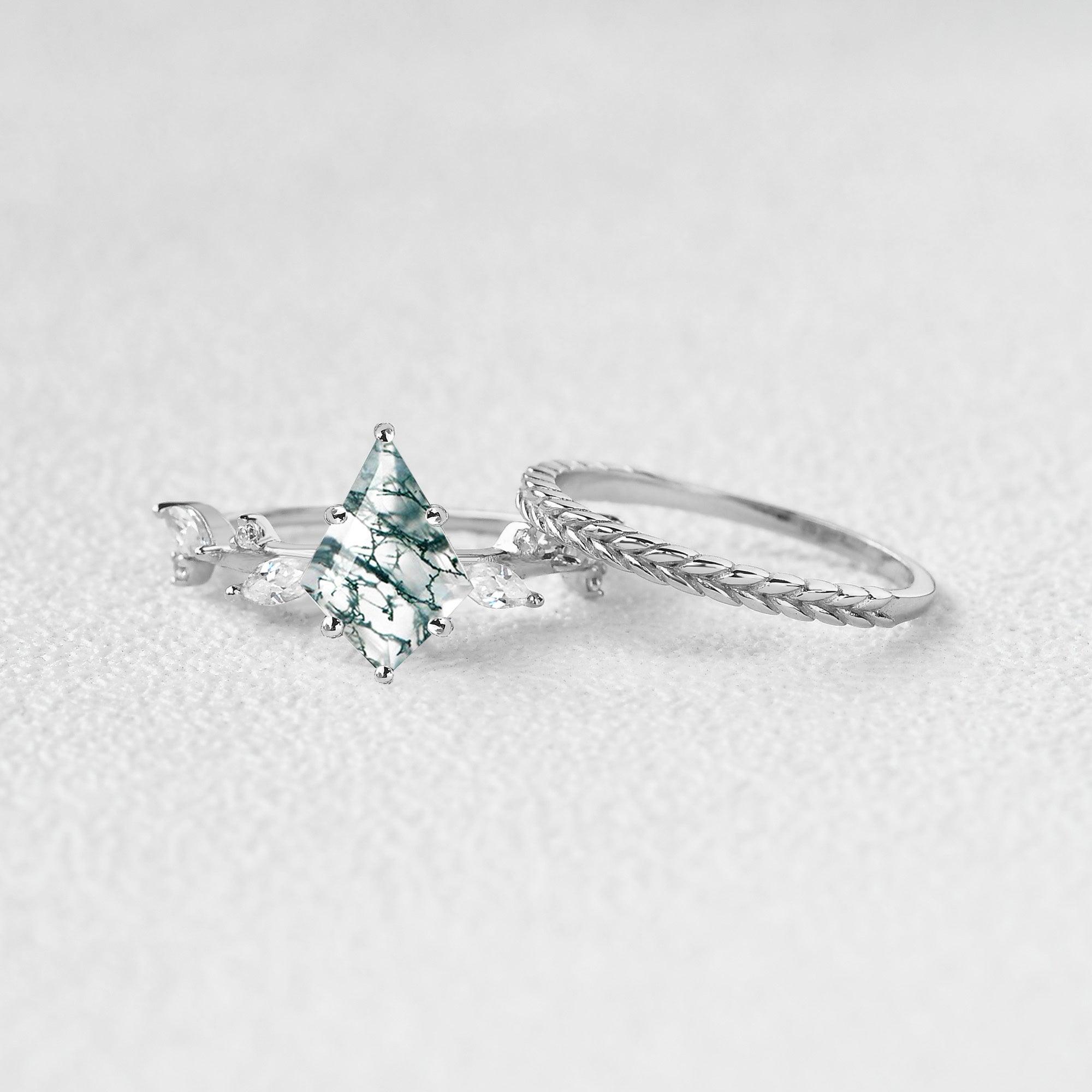 Kite Cut Moss Agate Leafy Vintage Engagement Ring Set 2pcs - Felicegals 丨Wedding ring 丨Fashion ring 丨Diamond ring 丨Gemstone ring