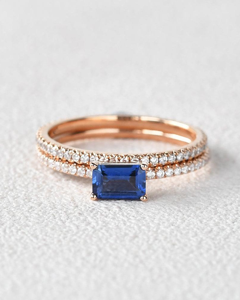 Felicegals Baguette Cut Sapphire Gold Rinig Set 2pcs - Felicegals 丨Wedding ring 丨Fashion ring 丨Diamond ring 丨Gemstone ring-Jewelry-Felicegals 丨Wedding ring 丨Fashion ring 丨Diamond ring 丨Gemstone ring
