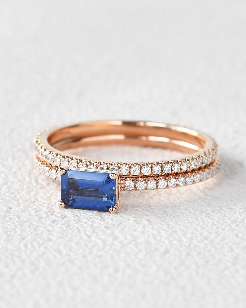 Felicegals Baguette Cut Sapphire Gold Rinig Set 2pcs - Felicegals 丨Wedding ring 丨Fashion ring 丨Diamond ring 丨Gemstone ring-Jewelry-Felicegals 丨Wedding ring 丨Fashion ring 丨Diamond ring 丨Gemstone ring