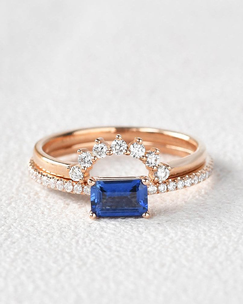Felicegals Baguette Cut Sapphire Gold Rinig Set 2pcs - Felicegals 丨Wedding ring 丨Fashion ring 丨Diamond ring 丨Gemstone ring-Jewelry-Felicegals 丨Wedding ring 丨Fashion ring 丨Diamond ring 丨Gemstone ring