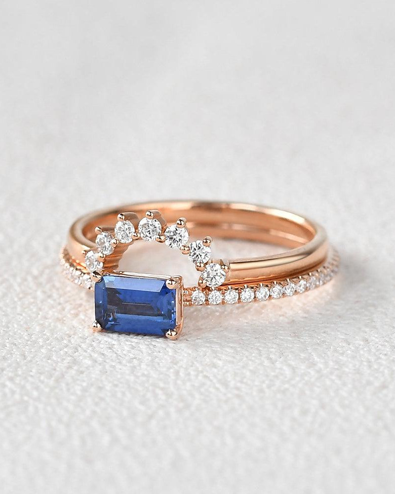 Felicegals Baguette Cut Sapphire Gold Rinig Set 2pcs - Felicegals 丨Wedding ring 丨Fashion ring 丨Diamond ring 丨Gemstone ring-Jewelry-Felicegals 丨Wedding ring 丨Fashion ring 丨Diamond ring 丨Gemstone ring