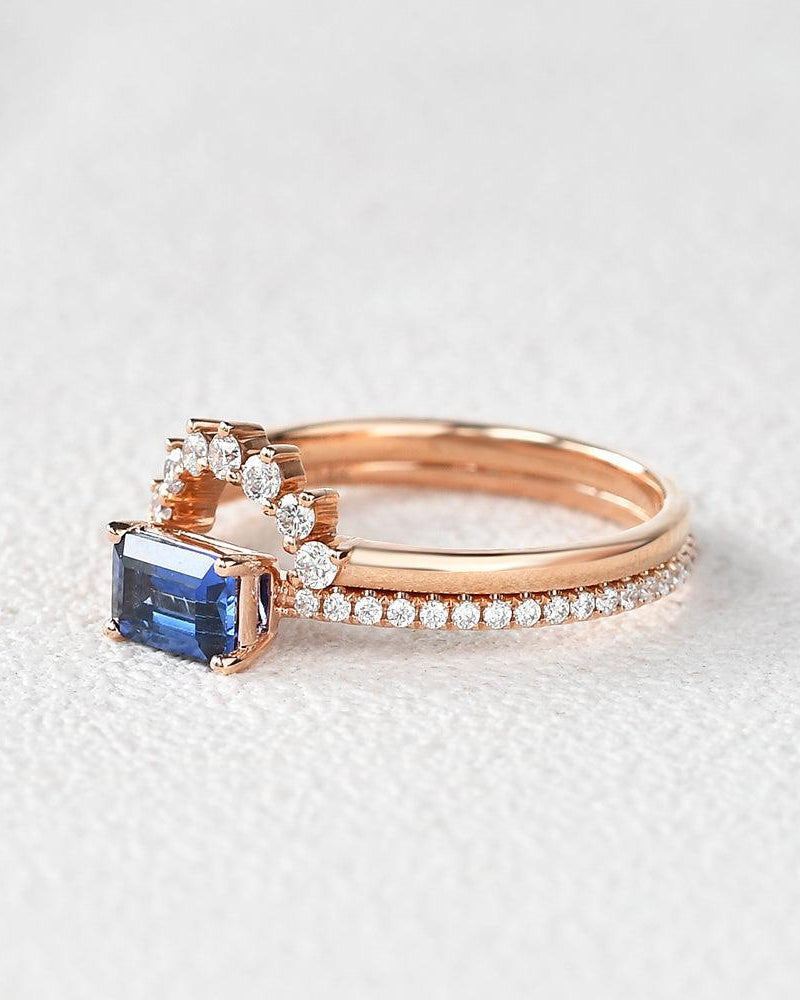 Felicegals Baguette Cut Sapphire Gold Rinig Set 2pcs - Felicegals 丨Wedding ring 丨Fashion ring 丨Diamond ring 丨Gemstone ring-Jewelry-Felicegals 丨Wedding ring 丨Fashion ring 丨Diamond ring 丨Gemstone ring