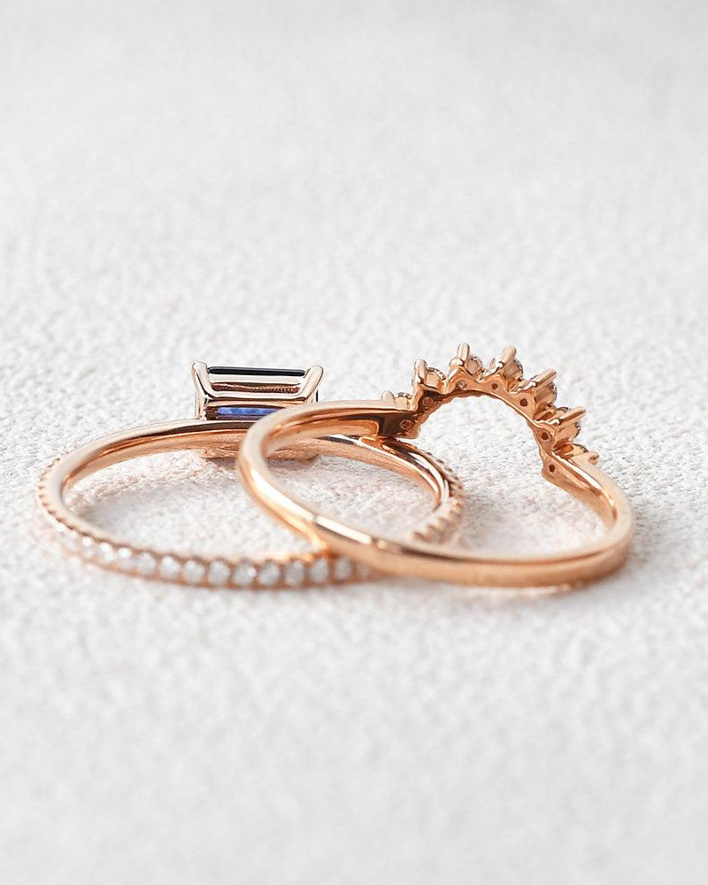Felicegals Baguette Cut Sapphire Gold Rinig Set 2pcs - Felicegals 丨Wedding ring 丨Fashion ring 丨Diamond ring 丨Gemstone ring-Jewelry-Felicegals 丨Wedding ring 丨Fashion ring 丨Diamond ring 丨Gemstone ring