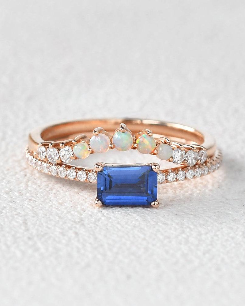 Felicegals Baguette Cut Sapphire & Opal Rinig Set 2pcs - Felicegals 丨Wedding ring 丨Fashion ring 丨Diamond ring 丨Gemstone ring-Jewelry-Felicegals 丨Wedding ring 丨Fashion ring 丨Diamond ring 丨Gemstone ring