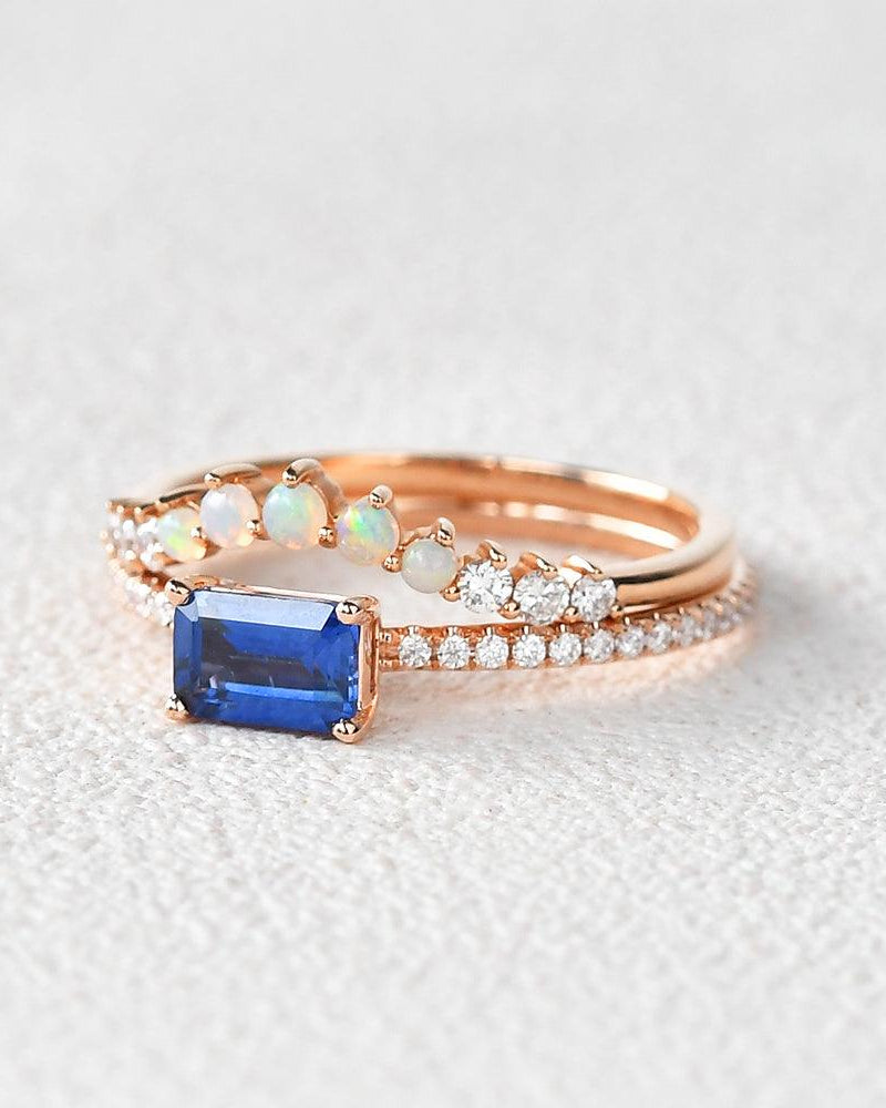 Felicegals Baguette Cut Sapphire & Opal Rinig Set 2pcs - Felicegals 丨Wedding ring 丨Fashion ring 丨Diamond ring 丨Gemstone ring-Jewelry-Felicegals 丨Wedding ring 丨Fashion ring 丨Diamond ring 丨Gemstone ring