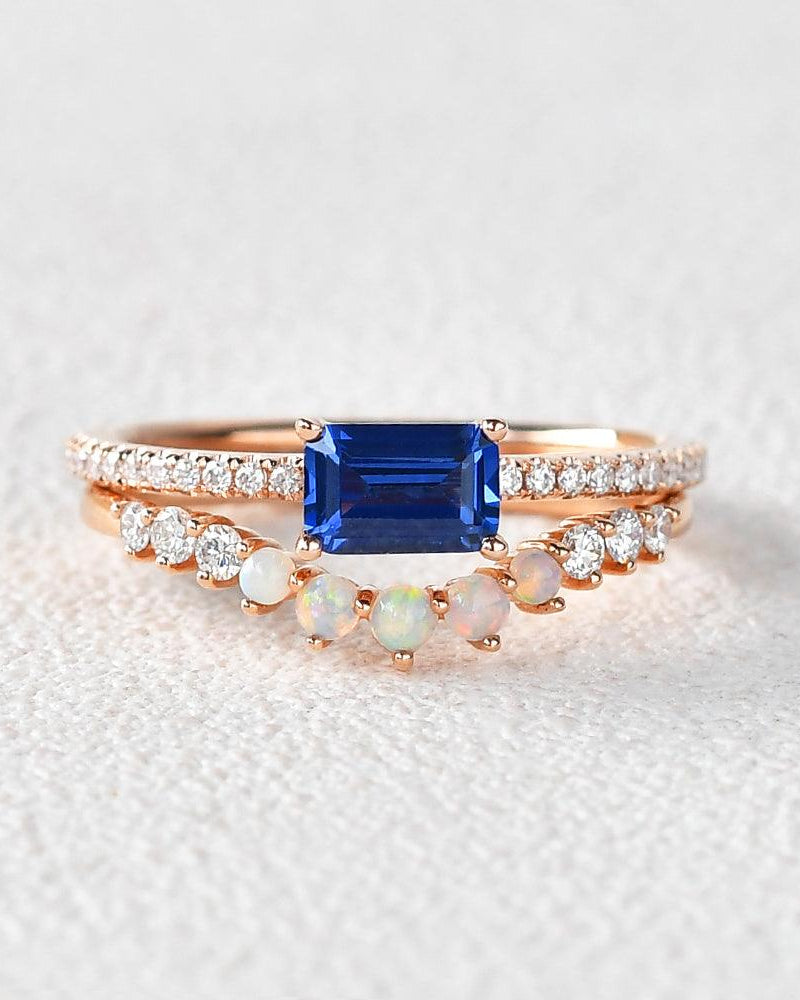 Felicegals Baguette Cut Sapphire & Opal Rinig Set 2pcs - Felicegals 丨Wedding ring 丨Fashion ring 丨Diamond ring 丨Gemstone ring-Jewelry-Felicegals 丨Wedding ring 丨Fashion ring 丨Diamond ring 丨Gemstone ring