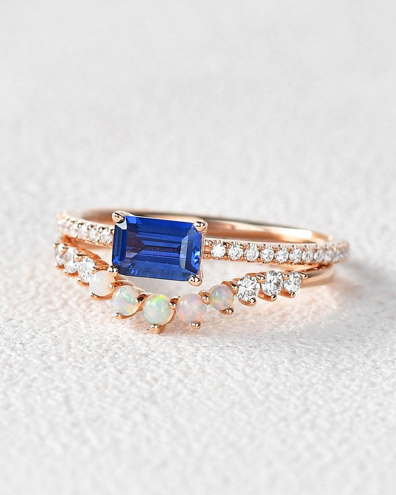Felicegals Baguette Cut Sapphire & Opal Rinig Set 2pcs - Felicegals 丨Wedding ring 丨Fashion ring 丨Diamond ring 丨Gemstone ring-Jewelry-Felicegals 丨Wedding ring 丨Fashion ring 丨Diamond ring 丨Gemstone ring