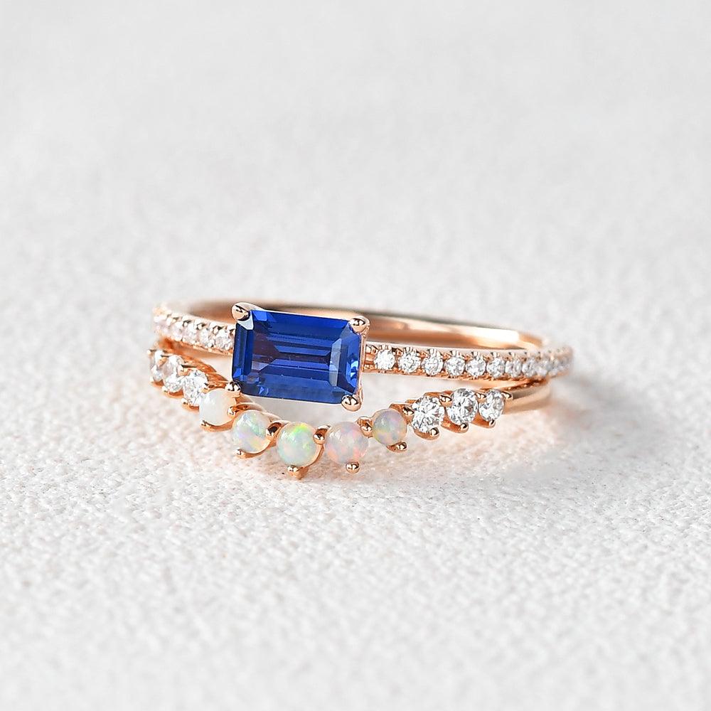 Felicegals Baguette Cut Sapphire & Opal Rinig Set 2pcs - Felicegals 丨Wedding ring 丨Fashion ring 丨Diamond ring 丨Gemstone ring-Jewelry-Felicegals 丨Wedding ring 丨Fashion ring 丨Diamond ring 丨Gemstone ring