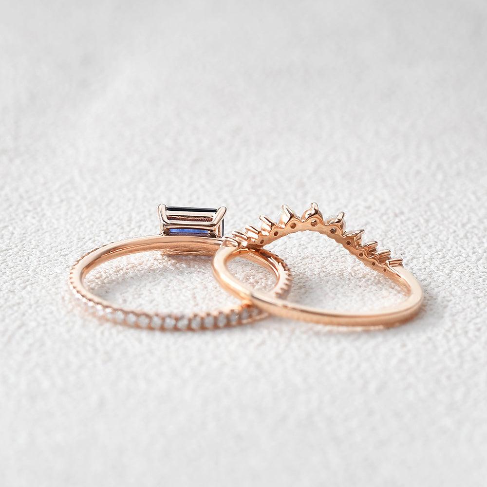 Felicegals Baguette Cut Sapphire & Opal Rinig Set 2pcs - Felicegals 丨Wedding ring 丨Fashion ring 丨Diamond ring 丨Gemstone ring-Jewelry-Felicegals 丨Wedding ring 丨Fashion ring 丨Diamond ring 丨Gemstone ring