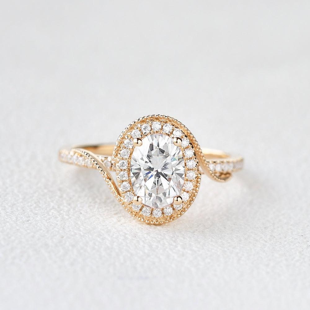 Twist Oval Moissanite Halo Inspired Ring - Felicegals 丨Wedding ring 丨Fashion ring 丨Diamond ring 丨Gemstone ring--Felicegals