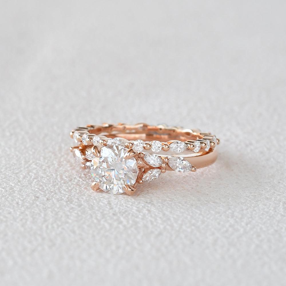 Felicegals 1ct Round Cut Moissanite Cluster Ring Set 2pcs - Felicegals 丨Wedding ring 丨Fashion ring 丨Diamond ring 丨Gemstone ring-Jewelry-Felicegals