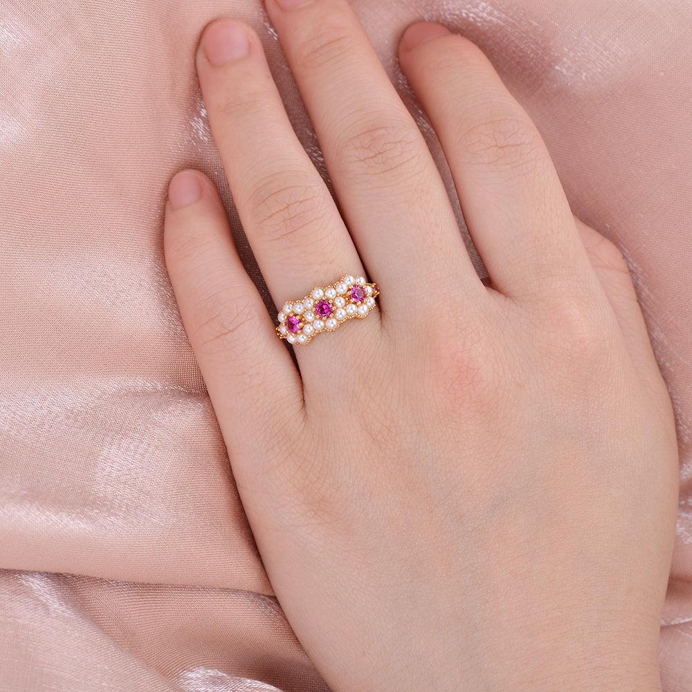 Lab Ruby & Pearl Vintage Yellow Ring - Felicegals 丨Wedding ring 丨Fashion ring 丨Diamond ring 丨Gemstone ring--Felicegals