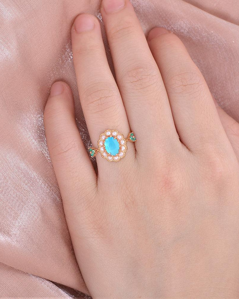 Oval-Shaped Halo Turquoise & Pearl & Lab Emerald Yellow Gold Ring - Felicegals 丨Wedding ring 丨Fashion ring 丨Diamond ring 丨Gemstone ring--Felicegals