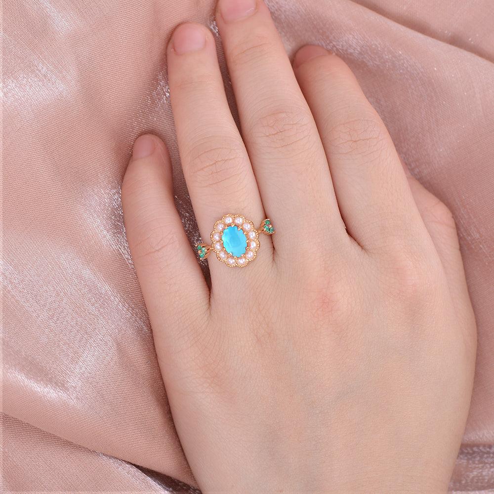 Oval-Shaped Halo Turquoise & Pearl & Lab Emerald Yellow Gold Ring - Felicegals 丨Wedding ring 丨Fashion ring 丨Diamond ring 丨Gemstone ring--Felicegals
