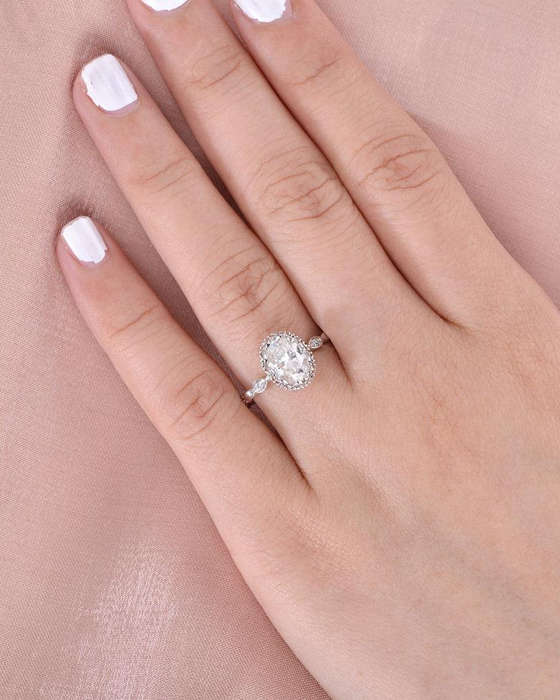 Oval Cut Moissanite Halo Milgrain Ring - Felicegals