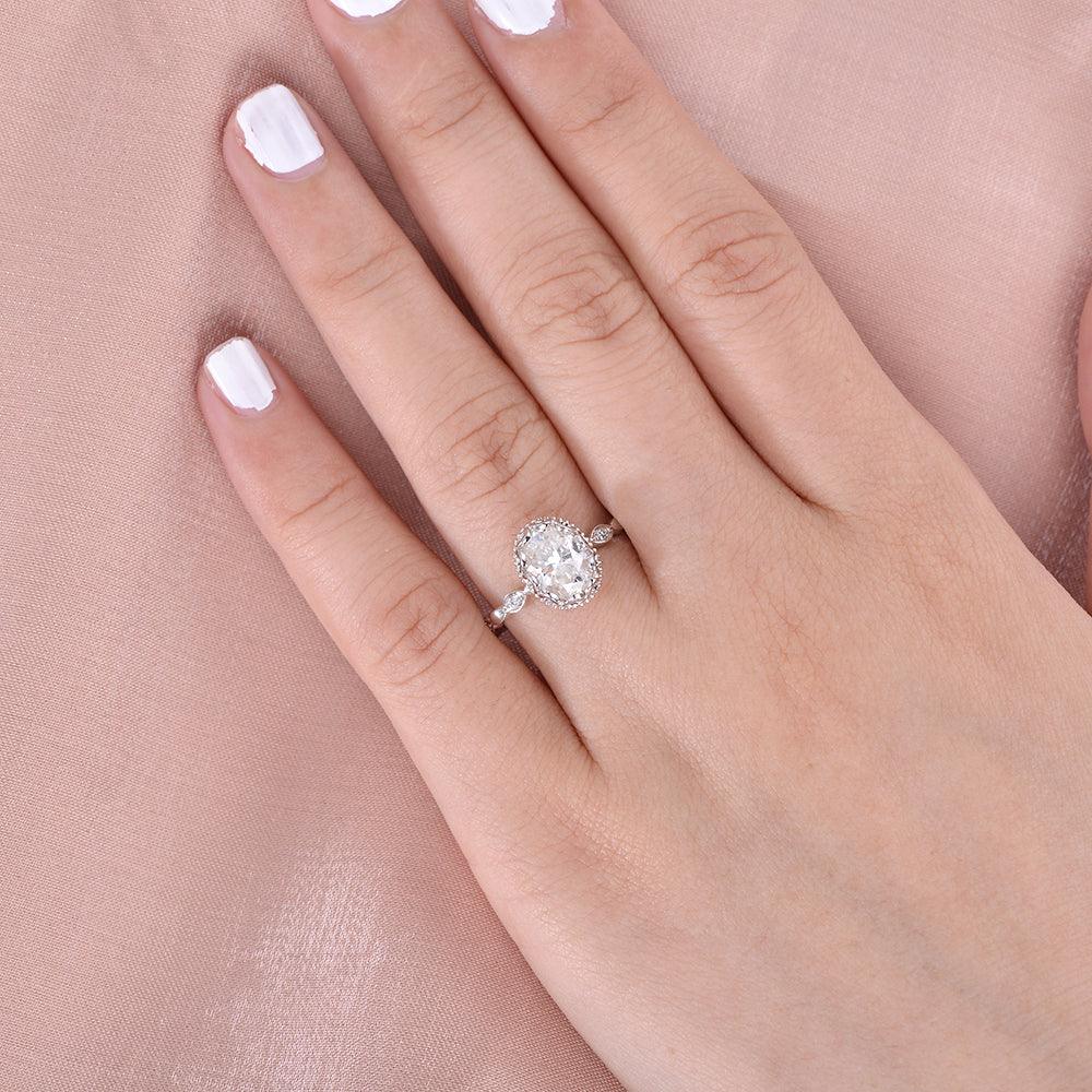 Oval Cut Moissanite Halo Milgrain Ring - Felicegals