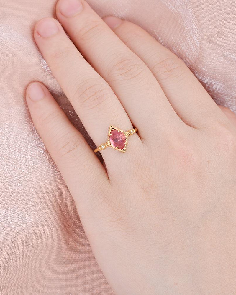 Marquise Lab Ruby Vintage Yellow Gold Ring - Felicegals 丨Wedding ring 丨Fashion ring 丨Diamond ring 丨Gemstone ring--Felicegals