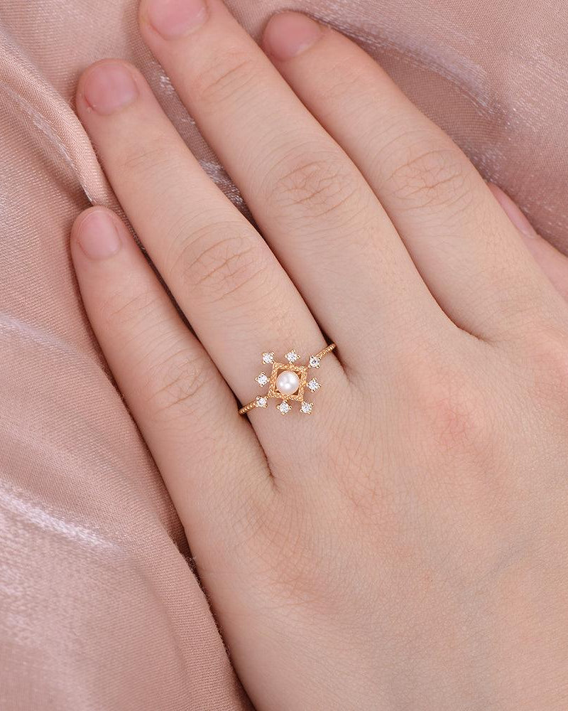 Akoya Pearl Vintage Inspired Yellow Gold Ring - Felicegals 丨Wedding ring 丨Fashion ring 丨Diamond ring 丨Gemstone ring--Felicegals