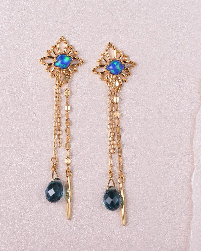 Lab Opal & London Blue Topaz Rose Gold Earrings - Felicegals 丨Wedding ring 丨Fashion ring 丨Diamond ring 丨Gemstone ring--Felicegals