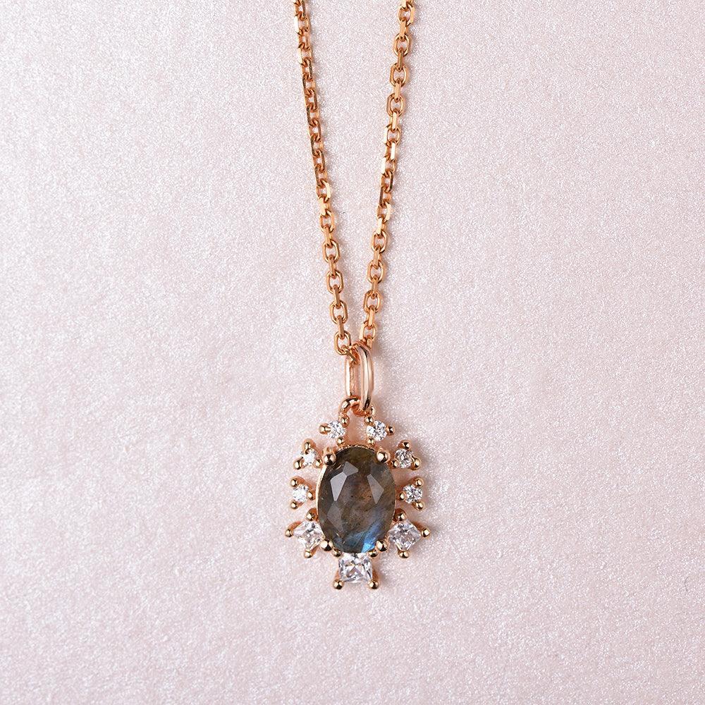 Oval Cut Labradorite & Moissanite Rose Gold Necklace - Felicegals 丨Wedding ring 丨Fashion ring 丨Diamond ring 丨Gemstone ring--Felicegals
