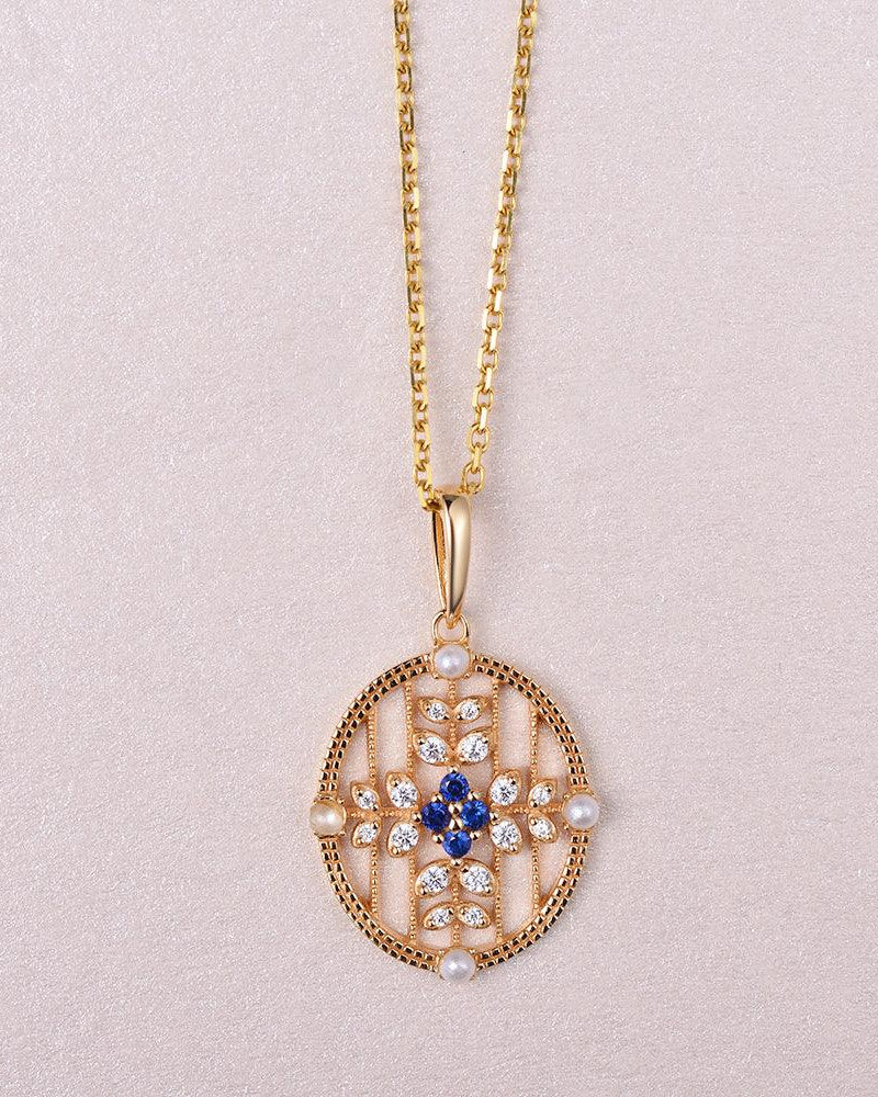 Natural Sapphire & Pearl & Moissanite Yellow Gold Necklace - Felicegals 丨Wedding ring 丨Fashion ring 丨Diamond ring 丨Gemstone ring--Felicegals