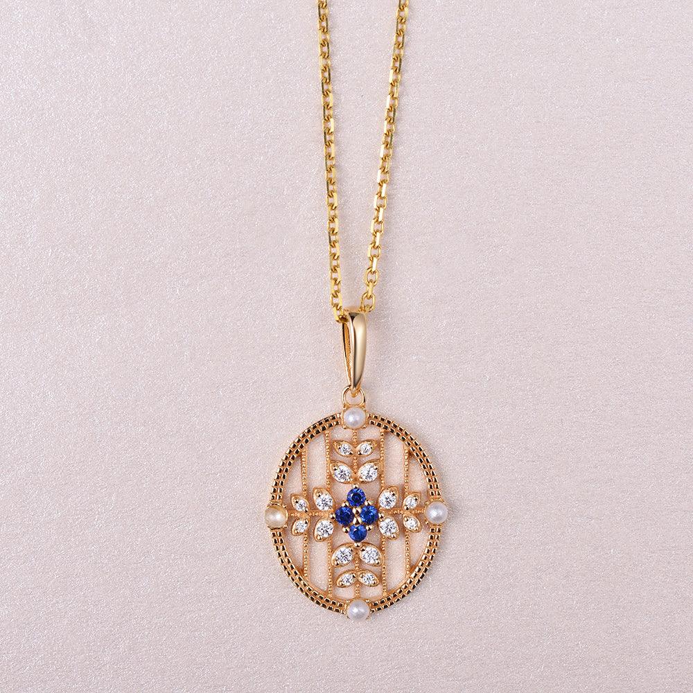 Natural Sapphire & Pearl & Moissanite Yellow Gold Necklace - Felicegals 丨Wedding ring 丨Fashion ring 丨Diamond ring 丨Gemstone ring--Felicegals