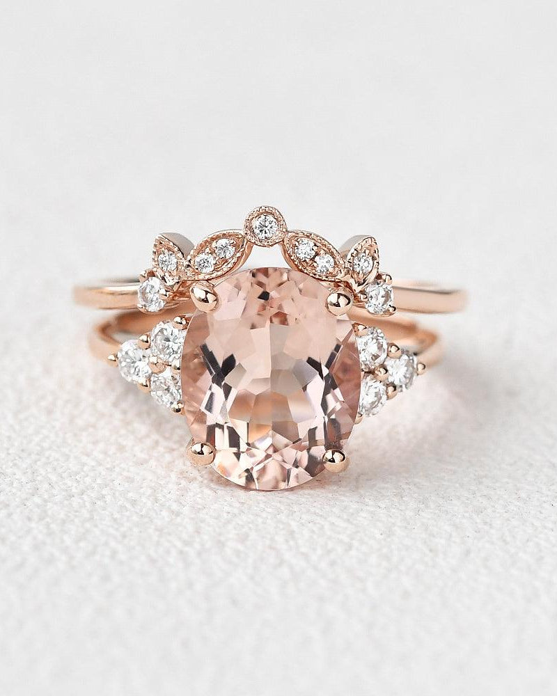 3.0ct Oval Cut Peachy Morganite Rose Gold Ring Set 2pcs - Felicegals 丨Wedding ring 丨Fashion ring 丨Diamond ring 丨Gemstone ring--Felicegals 丨Wedding ring 丨Fashion ring 丨Diamond ring 丨Gemstone ring