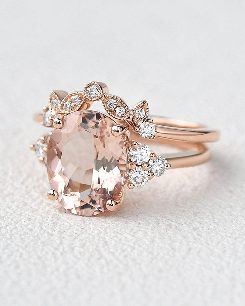 3.0ct Oval Cut Peachy Morganite Rose Gold Ring Set 2pcs - Felicegals 丨Wedding ring 丨Fashion ring 丨Diamond ring 丨Gemstone ring--Felicegals 丨Wedding ring 丨Fashion ring 丨Diamond ring 丨Gemstone ring