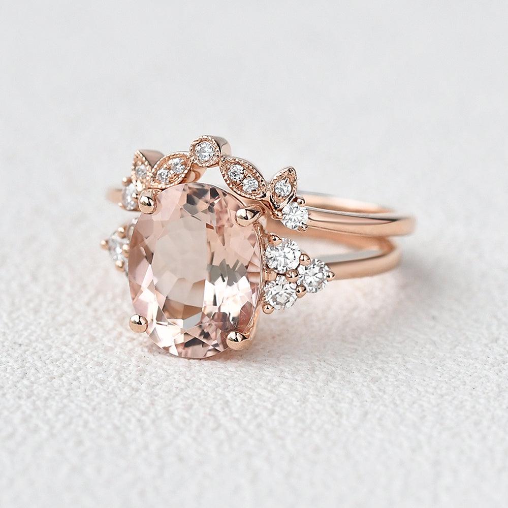3.0ct Oval Cut Peachy Morganite Rose Gold Ring Set 2pcs - Felicegals 丨Wedding ring 丨Fashion ring 丨Diamond ring 丨Gemstone ring--Felicegals 丨Wedding ring 丨Fashion ring 丨Diamond ring 丨Gemstone ring
