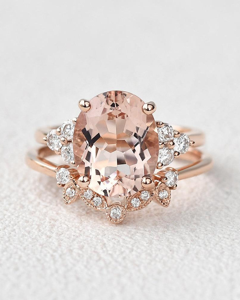 3.0ct Oval Cut Peachy Morganite Rose Gold Ring Set 2pcs - Felicegals 丨Wedding ring 丨Fashion ring 丨Diamond ring 丨Gemstone ring--Felicegals 丨Wedding ring 丨Fashion ring 丨Diamond ring 丨Gemstone ring